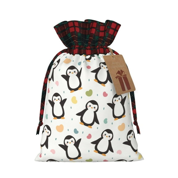 Rocae Colorful Hearts Penguin Print Christmas Drawstring Linen Gift Bag with Drawstrings Treat Bag Goody Present Bags for Christmas Party Favor