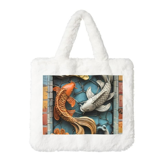 Rocae Colorful Koi Fish Art or Plush Underarm Bag White Furry Purse Handbag for Autumn and Winter