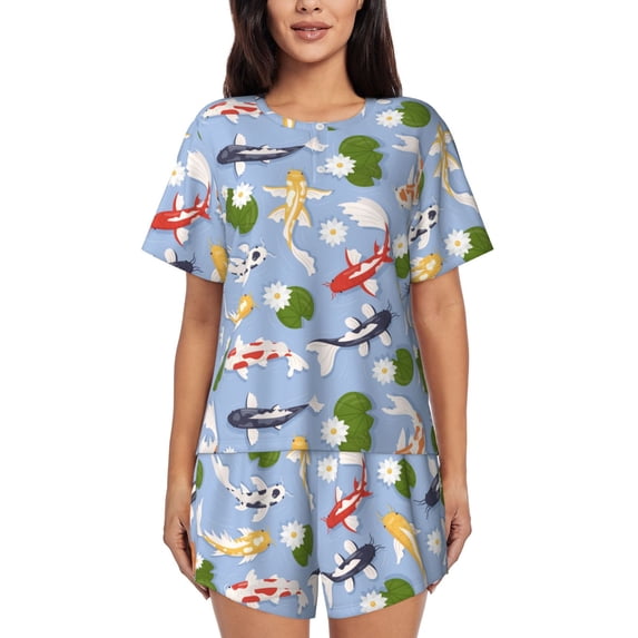 Rocae Colorful Koi Fish for Two Piece Sleepwear Pajamas Sets for Women Soft Short-Sleeved Pjs with Lounge Shorts -4X-Large