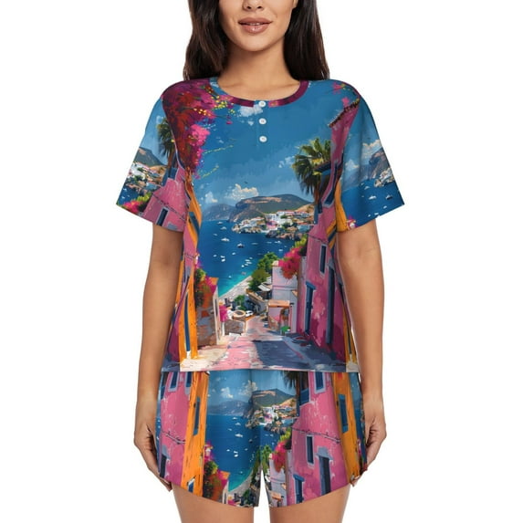 Rocae Colorful Mediterranean Village for Two Piece Sleepwear Pajamas Sets for Women Soft Short-Sleeved Pjs with Lounge Shorts -4X-Large