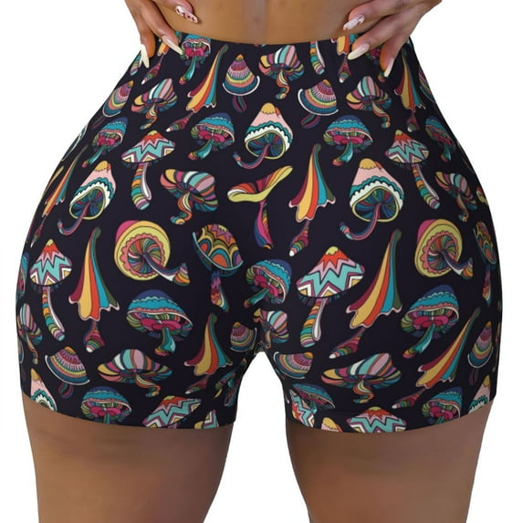Rocae Colorful Mushrooms in Doodle Style for Women's Quick-Dry Running Shorts,Ladies Active Athletic Apparel Yoga Workout Gym Running Volleyball Spandex Shorts XX-Large