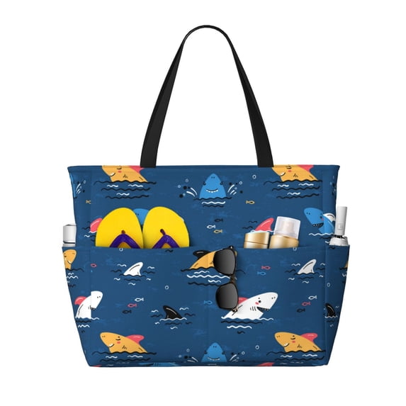 Rocae Colorful Ocean Shark for Large Women's Waterproof Beach Bag Tote with 7 Pockets Pool Bag for Travel Gym Vacation