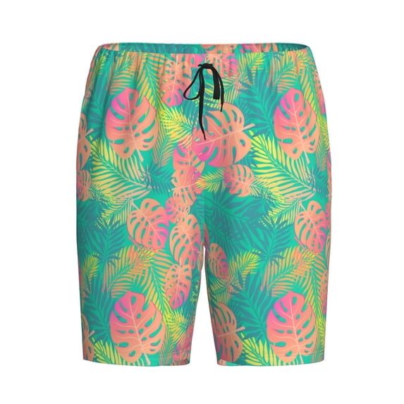 Rocae Colorful Palm Leaves for Men's Soft Sleep Pajama Shorts, Waistband and Pockets