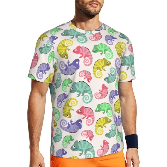 Rocae Colorful Pattern With Cute Chameleons for Men's Mesh Quick-Dry Short Sleeve Workout T-Shirt,Mens Crew Neck Tee Lightweight Soft Classic T Shirts 5X-Large