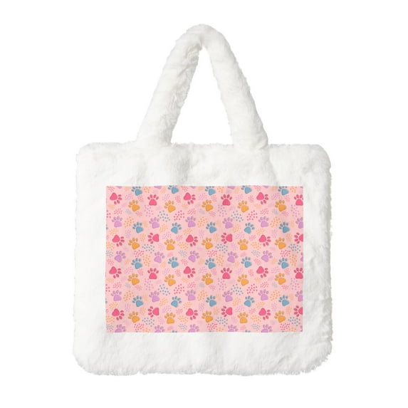 Rocae Colorful Pets Paws or Plush Underarm Bag White Furry Purse Handbag for Autumn and Winter