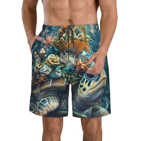 Rocae Colorful Plant Turtle for Men's Beach Shorts Casual Elastic Waist Drawstring Summer Beach Shorts,S-3XL-Small