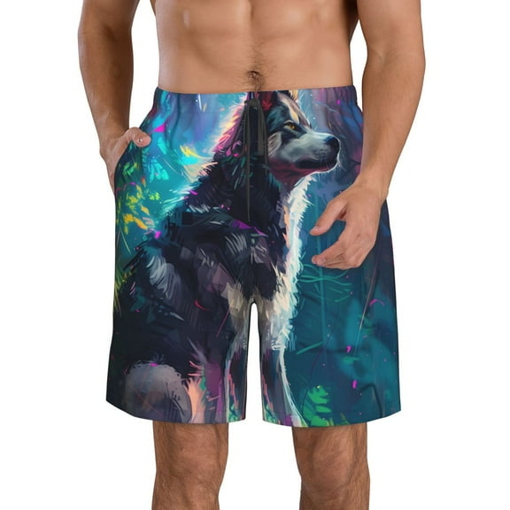 Rocae Colorful Plant Wolf for Men's Beach Shorts Casual Elastic Waist Drawstring Summer Beach Shorts,S-3XL-3X-Large