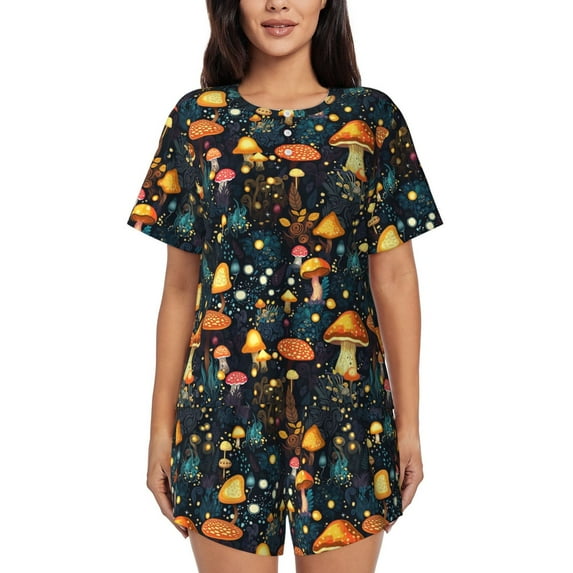 Rocae Colorful Plants Mushroom for Two Piece Sleepwear Pajamas Sets for Women Soft Short-Sleeved Pjs with Lounge Shorts -3X-Large