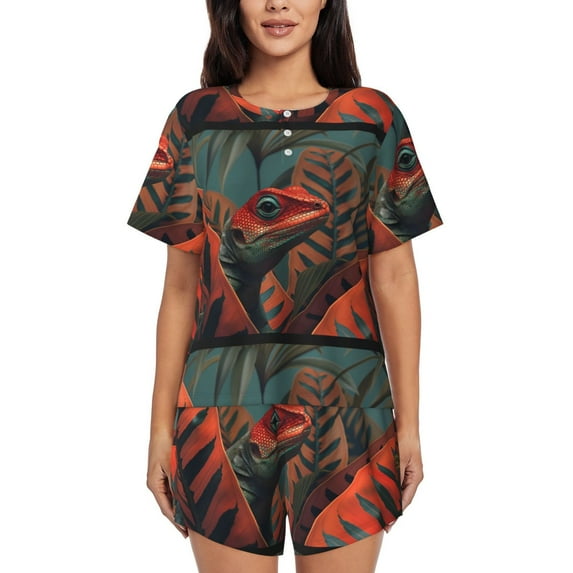 Rocae Colorful Reptile And Leaves for Two Piece Sleepwear Pajamas Sets for Women Soft Short-Sleeved Pjs with Lounge Shorts -Large