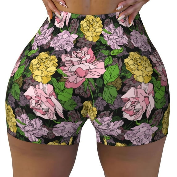 Rocae Colorful Roses for Women's Quick-Dry Running Shorts,Ladies Active Athletic Apparel Yoga Workout Gym Running Volleyball Spandex Shorts Large