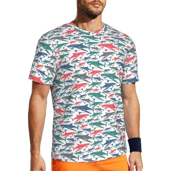 Rocae Colorful Shark for Men's Mesh Quick-Dry Short Sleeve Workout T-Shirt,Mens Crew Neck Tee Lightweight Soft Classic T Shirts Large