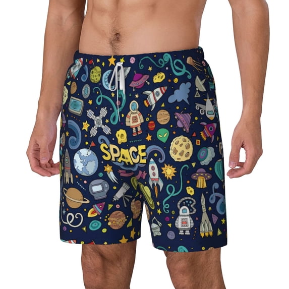 Rocae Colorful Space for Men's Swim Trunks Quick Dry With Two Side Pockets and One Lined Patch PocketXX-Large
