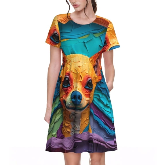 Rocae Colorful Textured Chihuahua for Dresses Summer Casual Ruffle Short Sleeve Cute Crew Neck Flowy Dress with Pockets