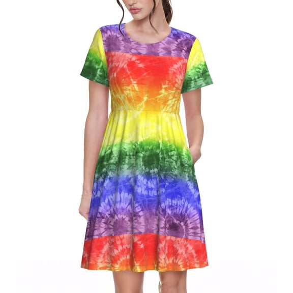 Rocae Colorful Tie Dye for Dresses Summer Casual Ruffle Short Sleeve Cute Crew Neck Flowy Dress with Pockets