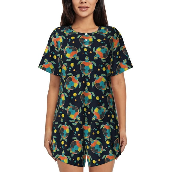 Rocae Colorful Turtles for Two Piece Sleepwear Pajamas Sets for Women Soft Short-Sleeved Pjs with Lounge Shorts Medium