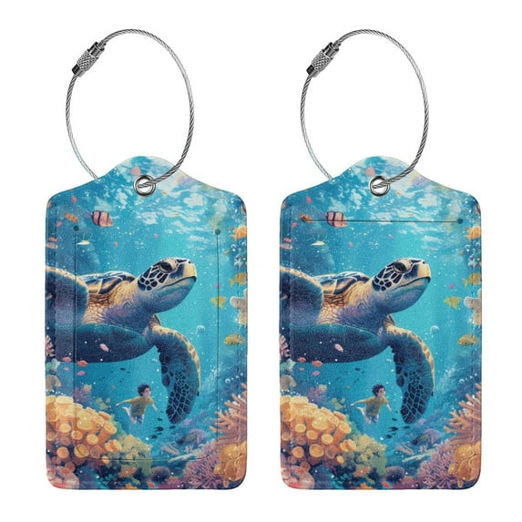 Rocae Colorful Underwater Plant Turtle for Leather Luggage Baggage Tags ID Label Privacy Cover ID Label with Stainless Steel Loop and Address Card