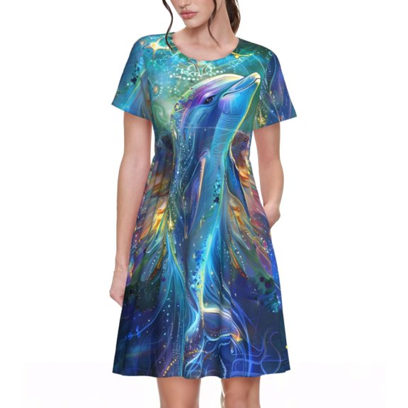 Rocae Colorful Winged Dolphin for Dresses Summer Casual Ruffle Short Sleeve Cute Crew Neck Flowy Dress with Pockets