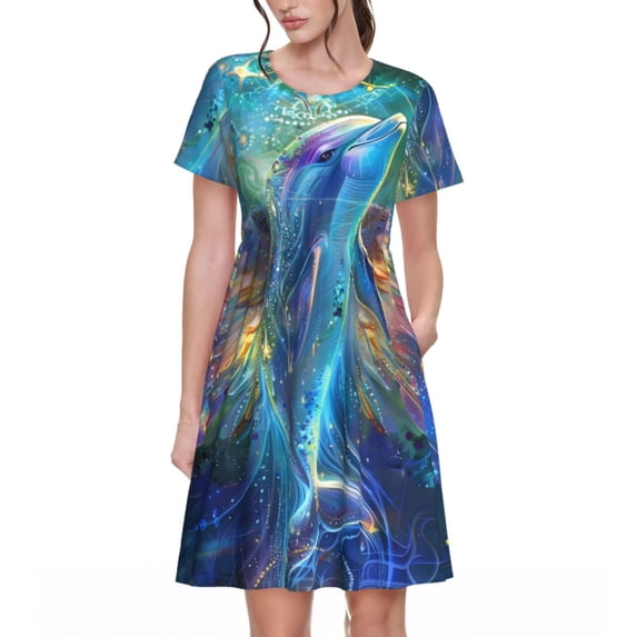 Rocae Colorful Winged Dolphin for Dresses Summer Casual Ruffle Short Sleeve Cute Crew Neck Flowy Dress with Pockets