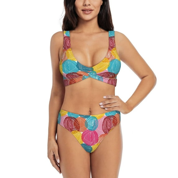 Rocae Colorful Wool Balls for Bikini Set for Women Two Piece Sexy High Swimsuits Split Crossover Bikini Large