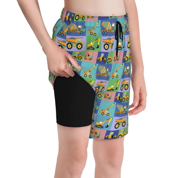 Rocae Construction Machinery for Teen Beach Trunks Boys Swim Trunks with Compression Liner Quick Dry Board Shorts