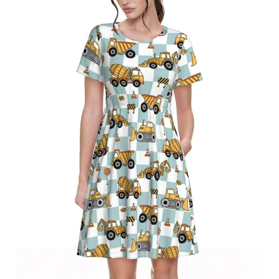 Rocae Construction Vehicle for Dresses Summer Casual Ruffle Short Sleeve Cute Crew Neck Flowy Dress with Pockets