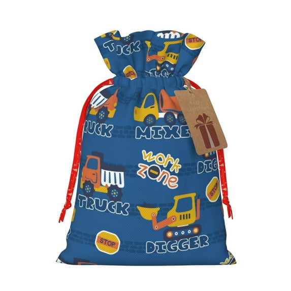 Rocae Construction Vehicles for Christmas Drawstring Linen Gift Bag with Drawstrings Treat Bag Goody Present Bags for Christmas Party Favor-Medium