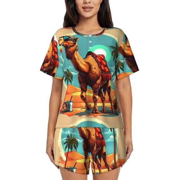 Rocae Cool Camel Oasis Vibes for Two Piece Sleepwear Pajamas Sets for Women Soft Short-Sleeved Pjs with Lounge Shorts -Small