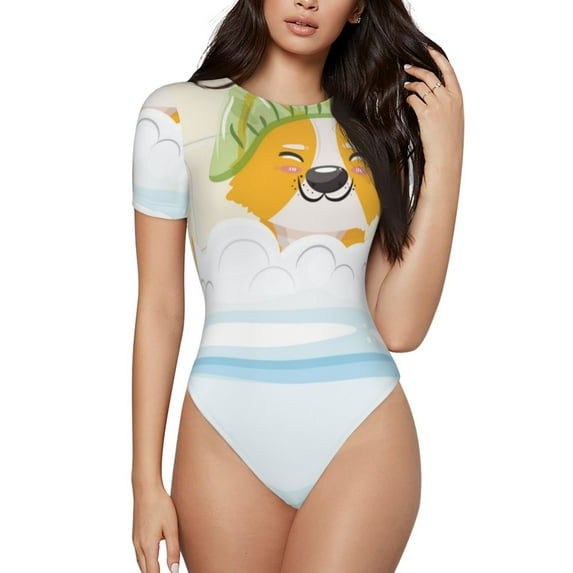 Rocae Corgi In The Shower Cap Bathing for One Piece Round Neck Short Sleeve Bodysuits for Women Casual Basic Bodysuit Daily Jumpsuit T Shirts-Small