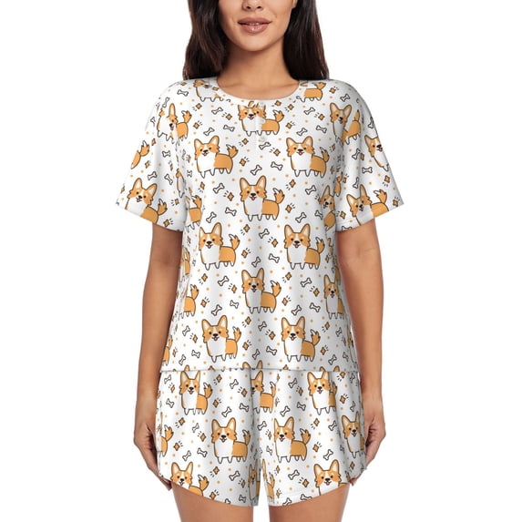 Rocae Corgi with Hearts for Two Piece Sleepwear Pajamas Sets for Women Soft Short-Sleeved Pjs with Lounge Shorts 3X-Large