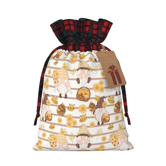 Rocae Cute Bee Gnome2 Print Christmas Drawstring Linen Gift Bag with Drawstrings Treat Bag Goody Present Bags for Christmas Party Favor