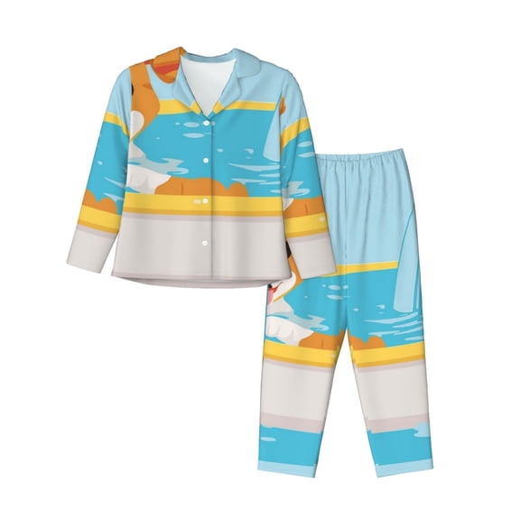 Rocae Cute Dog In Bath for Pajamas for Women Set Lounge Sets Women's Long-Sleeved Pj Set -Small