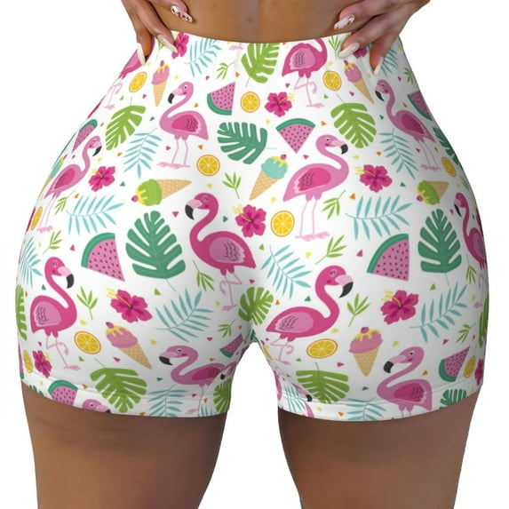 Rocae Cute Flamingo for Women's Quick-Dry Running Shorts,Ladies Active Athletic Apparel Yoga Workout Gym Running Volleyball Spandex Shorts Medium
