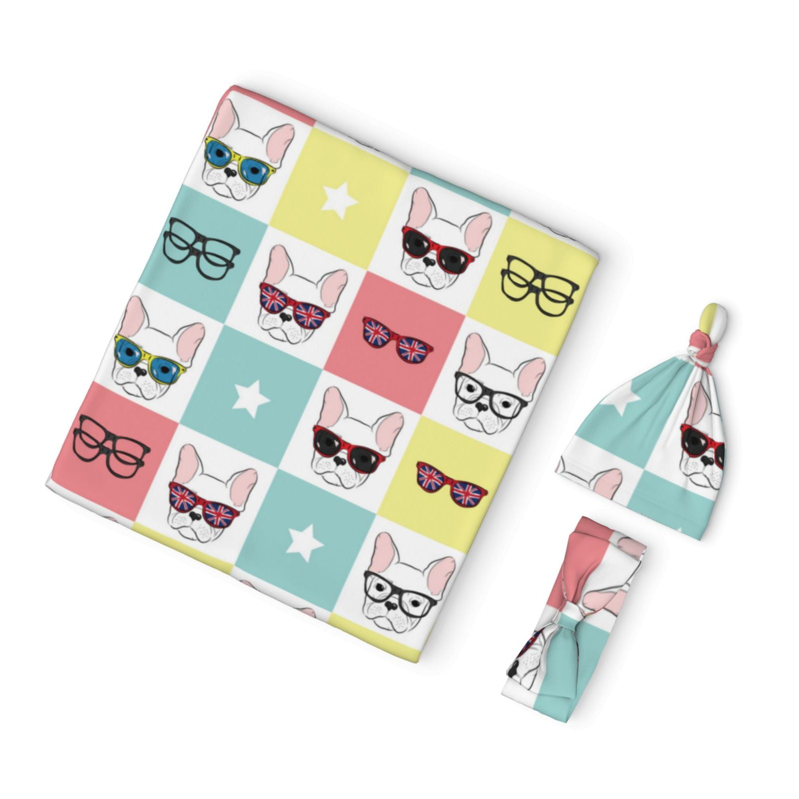 Rocae Cute French Bulldog for Newborn Swaddle Set with Matching Beanie