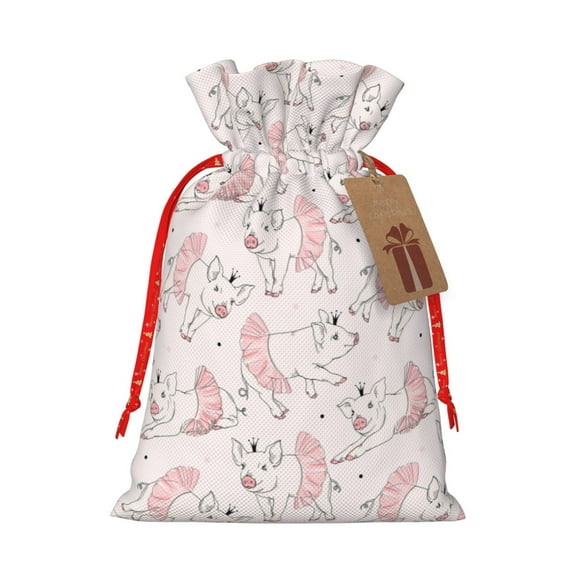 Rocae Cute Piggy Ballerina for Christmas Drawstring Linen Gift Bag with Drawstrings Treat Bag Goody Present Bags for Christmas Party Favor-Small