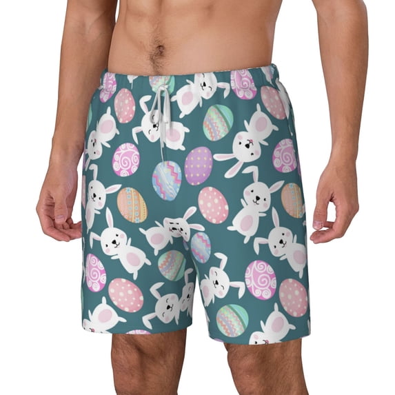 Rocae Cute Rabbit Easter for Men's Swim Trunks Quick Dry With Two Side Pockets and One Lined Patch PocketLarge