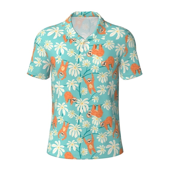 Rocae Cute Sloth on Floral Tree for Men's Short Sleeve Polo Shirt, Quick Drying Performance Moisture Wicking Sports Men's Golf Shirt Small