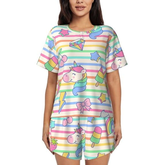 Rocae Cute Unicorn for Two Piece Sleepwear Pajamas Sets for Women Soft Short-Sleeved Pjs with Lounge Shorts X-Large