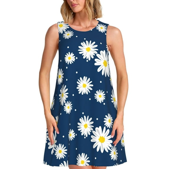 Rocae Daisies Flowers for Sleeveless Dresses Summer Casual Ruffle Sleeveless Cute Crew Neck Flowy Dress with Pockets