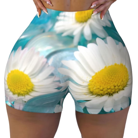Rocae Daisy Flowers for Women's Quick-Dry Running Shorts,Ladies Active Athletic Apparel Yoga Workout Gym Running Volleyball Spandex Shorts Small