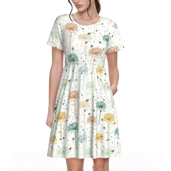 Rocae Dandelion for Dresses Summer Casual Ruffle Short Sleeve Cute Crew Neck Flowy Dress with Pockets