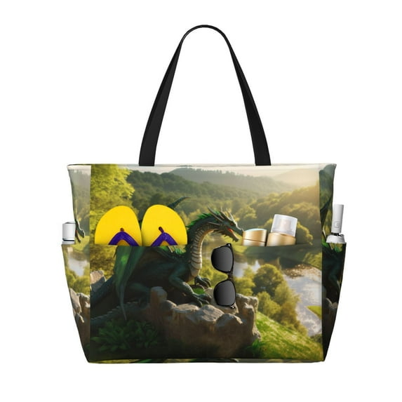 Rocae Deep Forest Stone Green Dragon for Large Women's Waterproof Beach Bag Tote with 7 Pockets Pool Bag for Travel Gym Vacation
