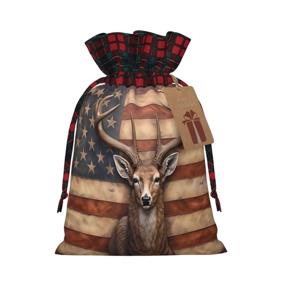 Rocae Deer American Flag Wall Print Christmas Drawstring Linen Gift Bag with Drawstrings Treat Bag Goody Present Bags for Christmas Party Favor