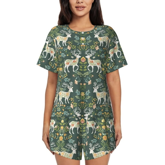 Rocae Deer And Flowers for Two Piece Sleepwear Pajamas Sets for Women Soft Short-Sleeved Pjs with Lounge Shorts -X-Large