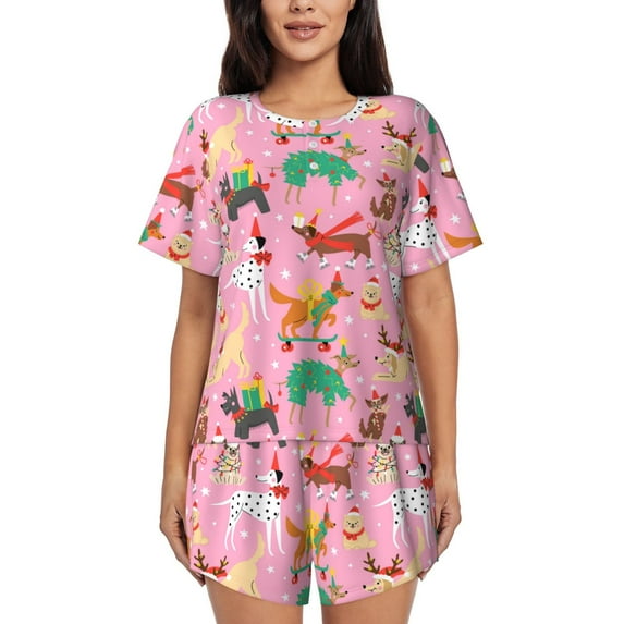 Rocae Different Dogs Christmas for Two Piece Sleepwear Pajamas Sets for Women Soft Short-Sleeved Pjs with Lounge Shorts -X-Large