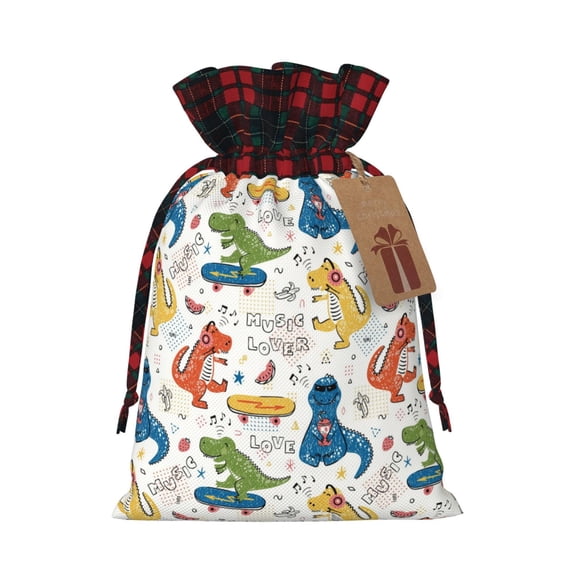 Rocae Dinosaur (2) Print Christmas Drawstring Linen Gift Bag with Drawstrings Treat Bag Goody Present Bags for Christmas Party Favor