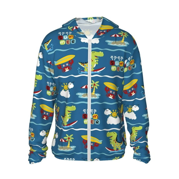 Rocae Dinosaur on the Beach Vacation Print Breathable Sun Protection Hoodie Quick-Dry Lightweight Long Sleeve Hoodie Unisex Running Sports Shirt XX-Large