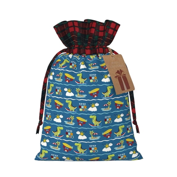 Rocae Dinosaur on the Beach Vacation Print Christmas Drawstring Linen Gift Bag with Drawstrings Treat Bag Goody Present Bags for Christmas Party Favor
