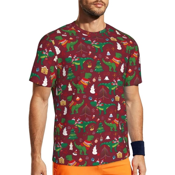 Rocae Dinosaur Christmas for Men's Mesh Quick-Dry Short Sleeve Workout T-Shirt,Mens Crew Neck Tee Lightweight Soft Classic T Shirts X-Small