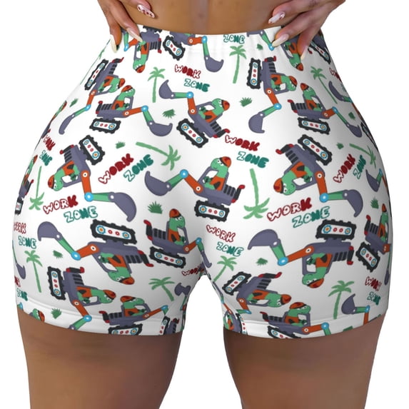 Rocae Dinosaur on Excavator2 for Women's Quick-Dry Running Shorts,Ladies Active Athletic Apparel Yoga Workout Gym Running Volleyball Spandex Shorts Medium