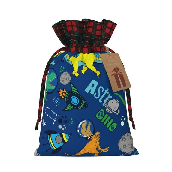 Rocae Dinosaur In Space Print Christmas Drawstring Linen Gift Bag with Drawstrings Treat Bag Goody Present Bags for Christmas Party Favor